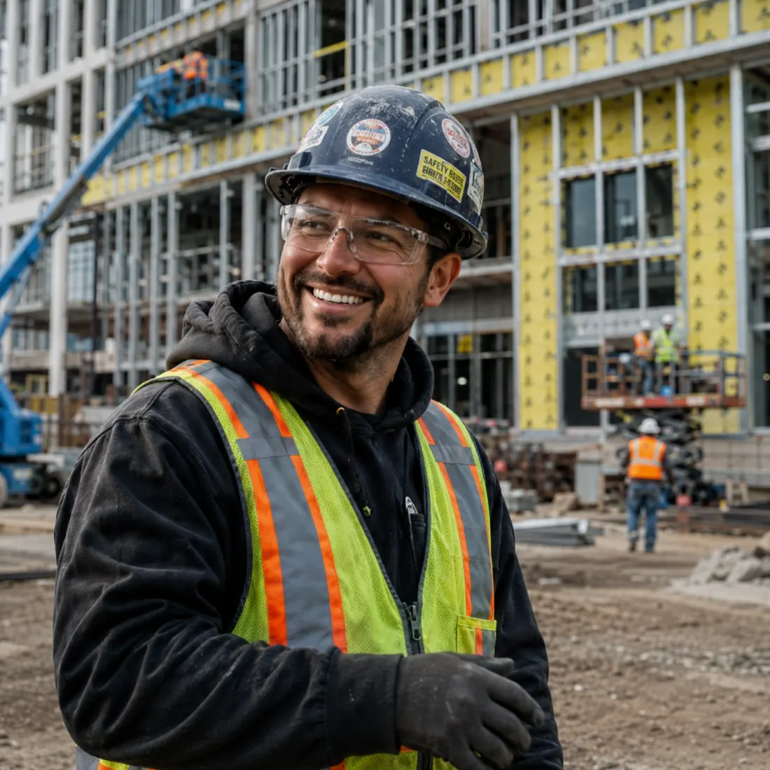 A construction professional smiling at an active jobsite