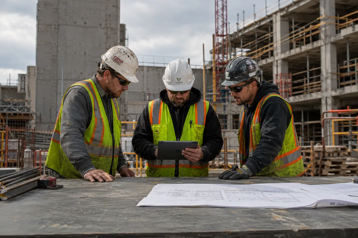 Construction supervisors reviewing blueprints and a tablet together on site