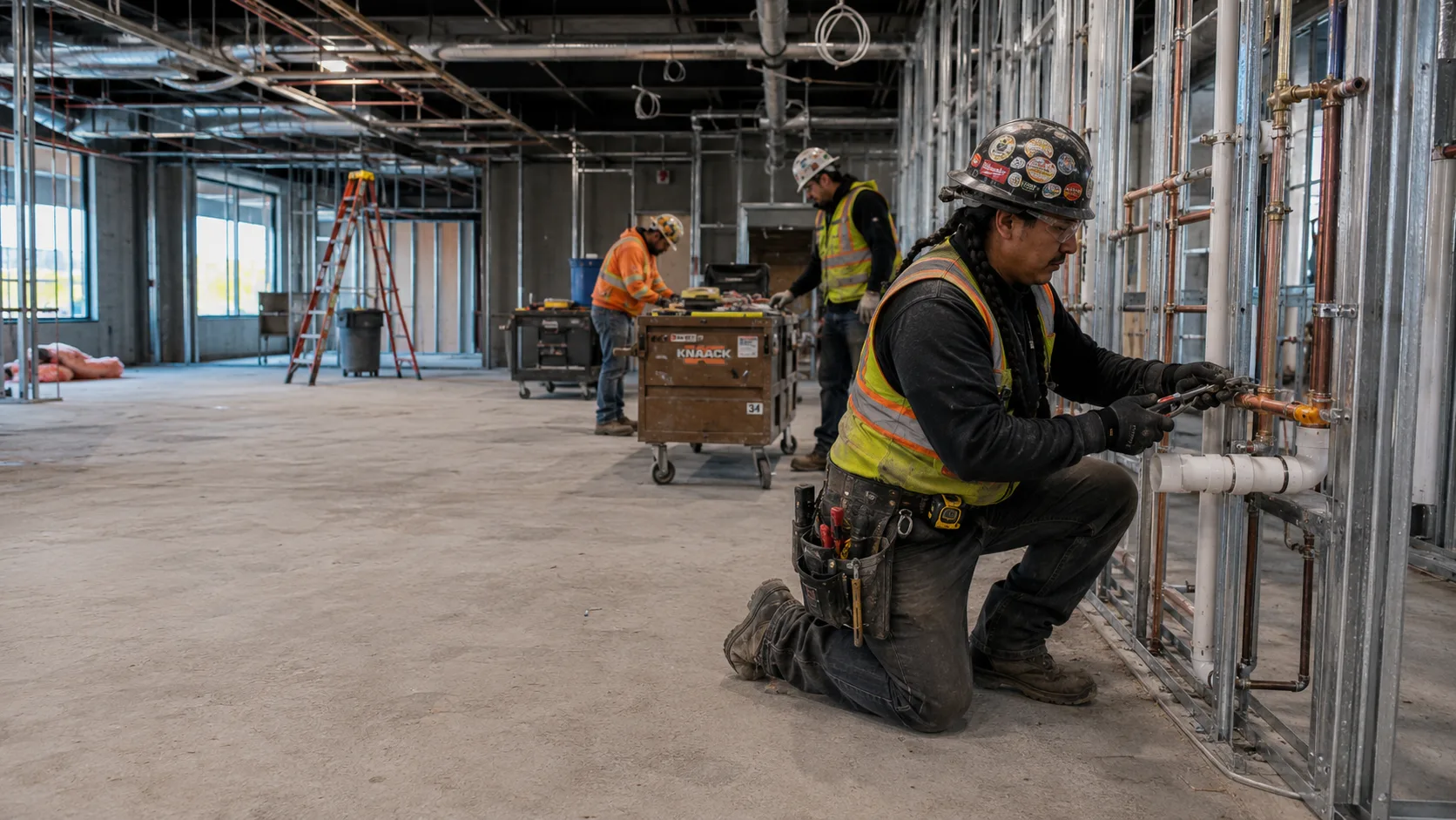 A plumber fitting copper pipe at an active construction site with crew in the background