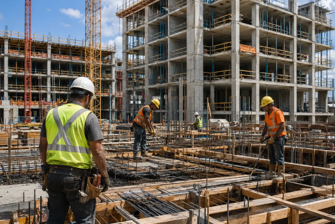 A foreman overseeing a crew doing formwork and rebar at an active jobsite