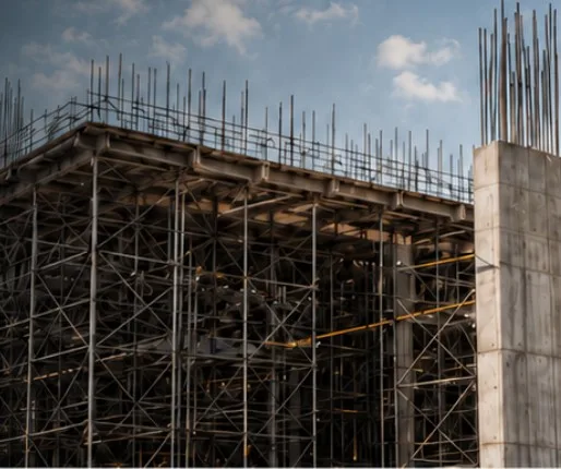 A building under construction with scaffolding at dusk