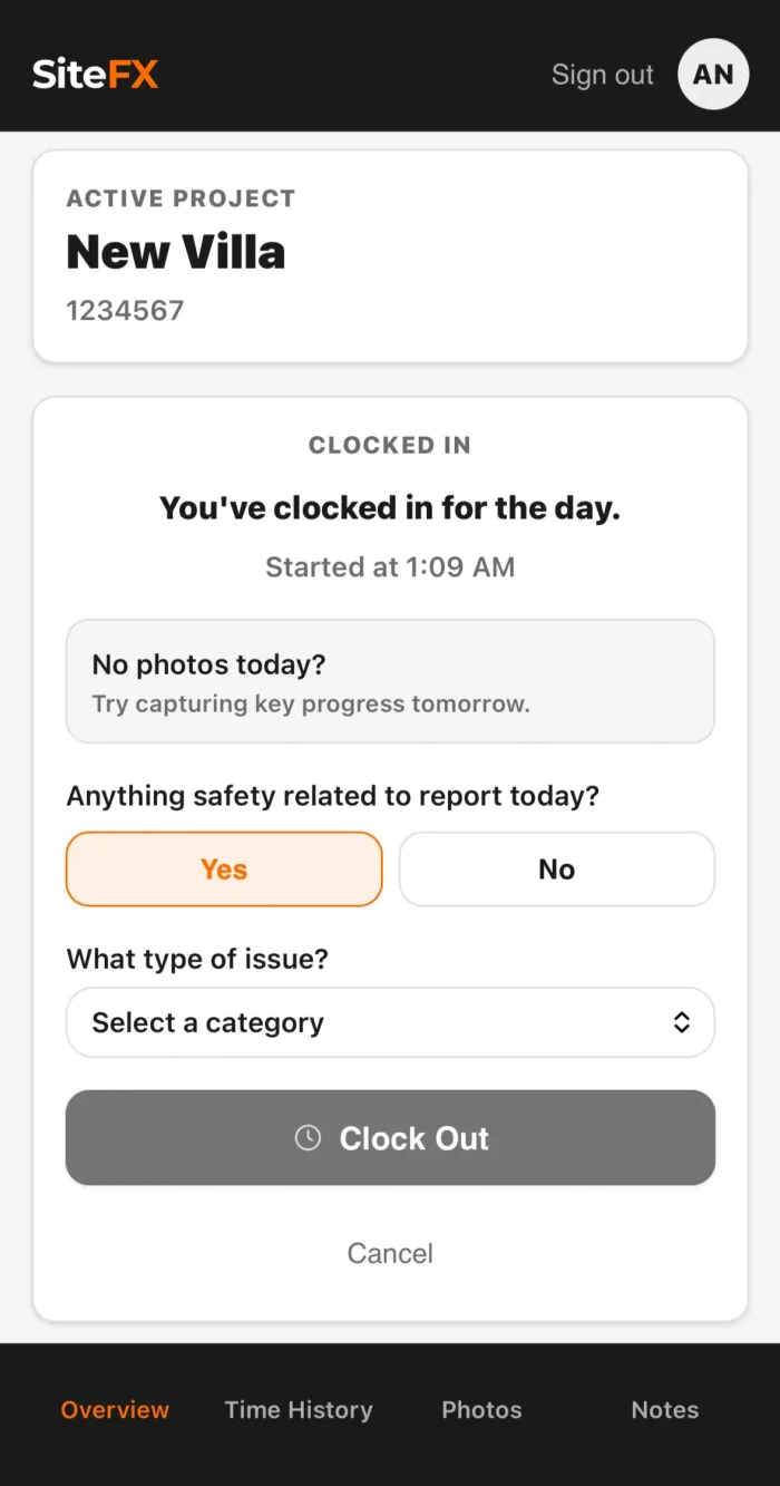 The SiteFX app daily activity checklist screen