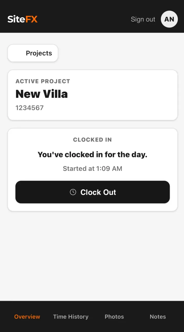 The SiteFX app clock-in screen with GPS location confirmed
