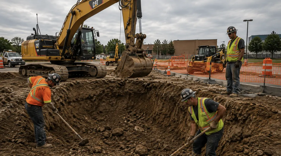 Crew members excavating a trench with an excavator at an active jobsite