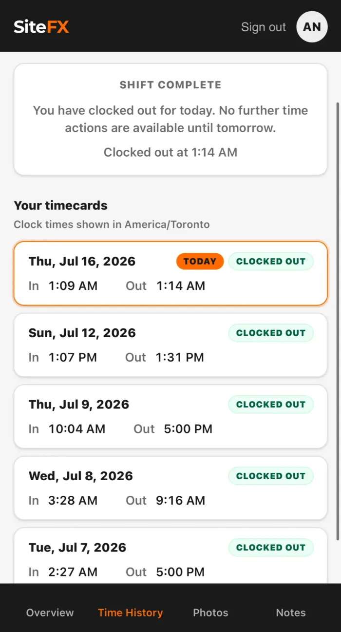 The SiteFX app time entries list ready for payroll