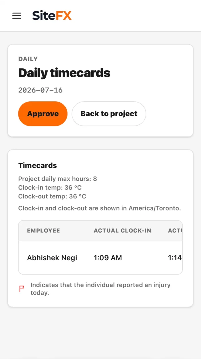 The SiteFX app hours summary screen for the day