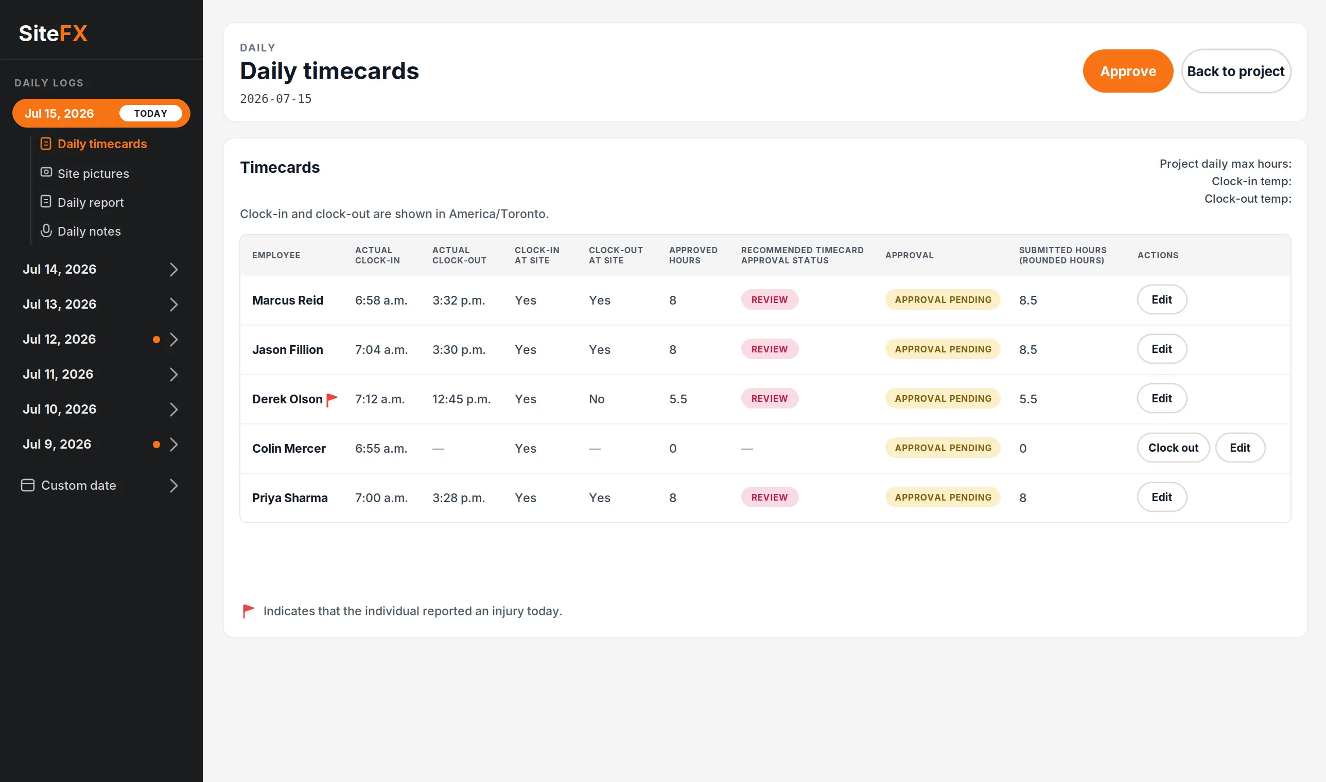 Live field activity list in the SiteFX app