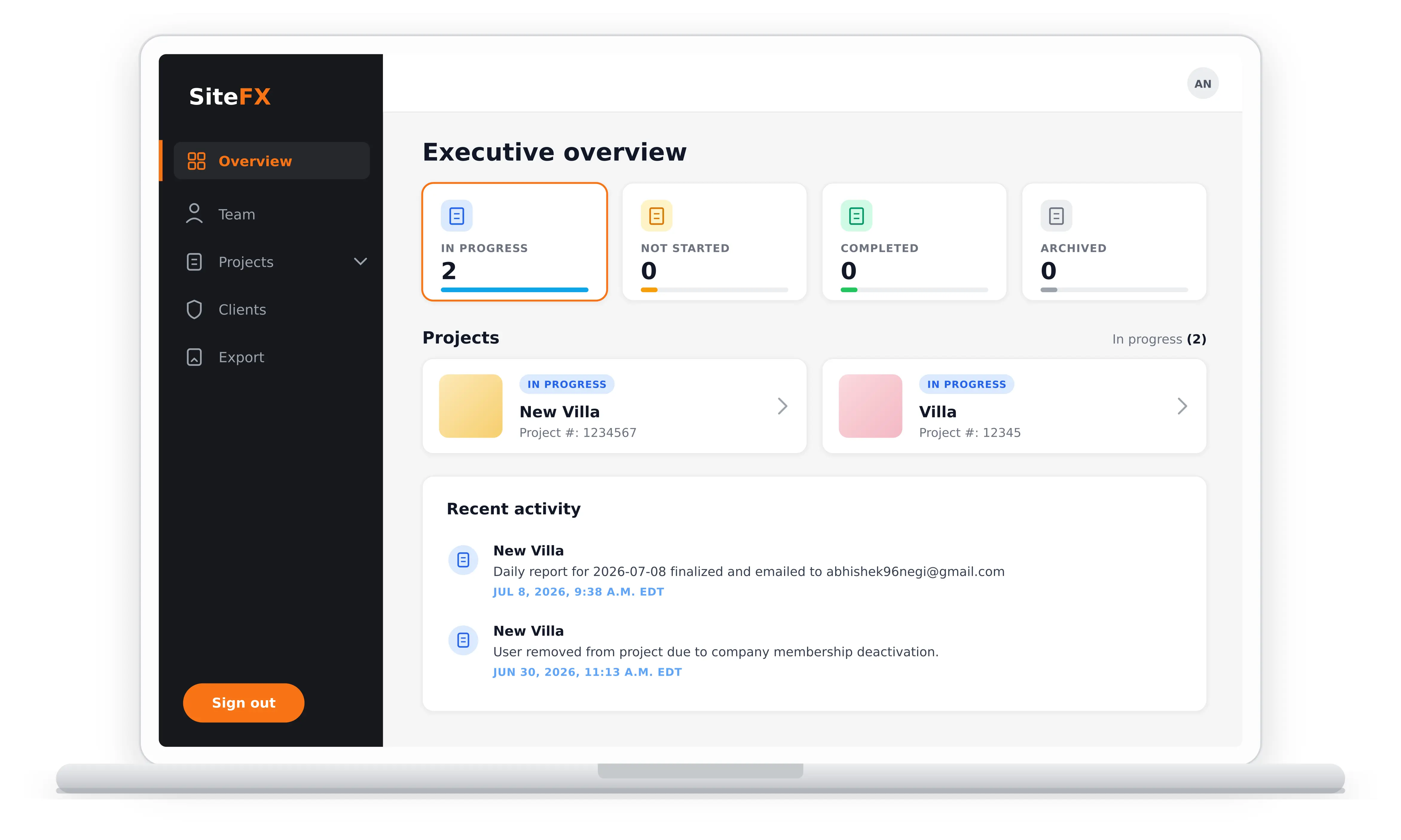 The SiteFX operations dashboard showing projects at a glance