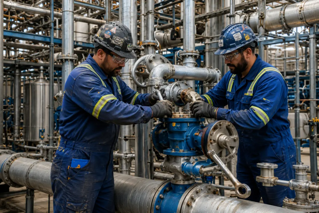 Two technicians servicing valve equipment in an industrial facility