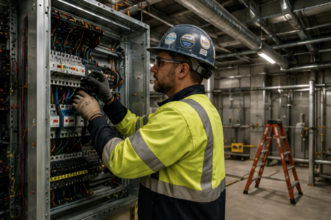 An electrician working on an electrical panel at a jobsite