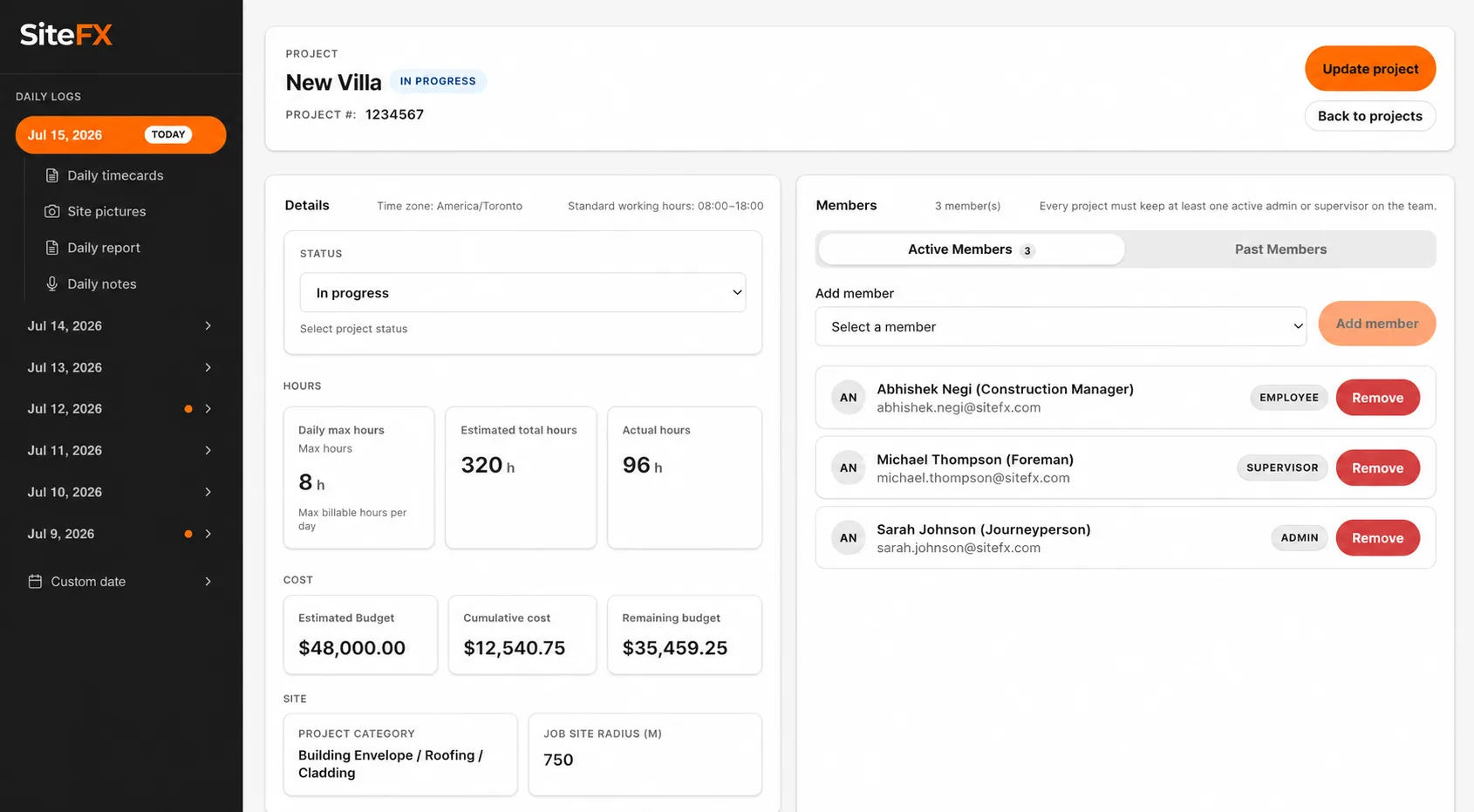 A cost-vs-budget performance chart in the SiteFX app
