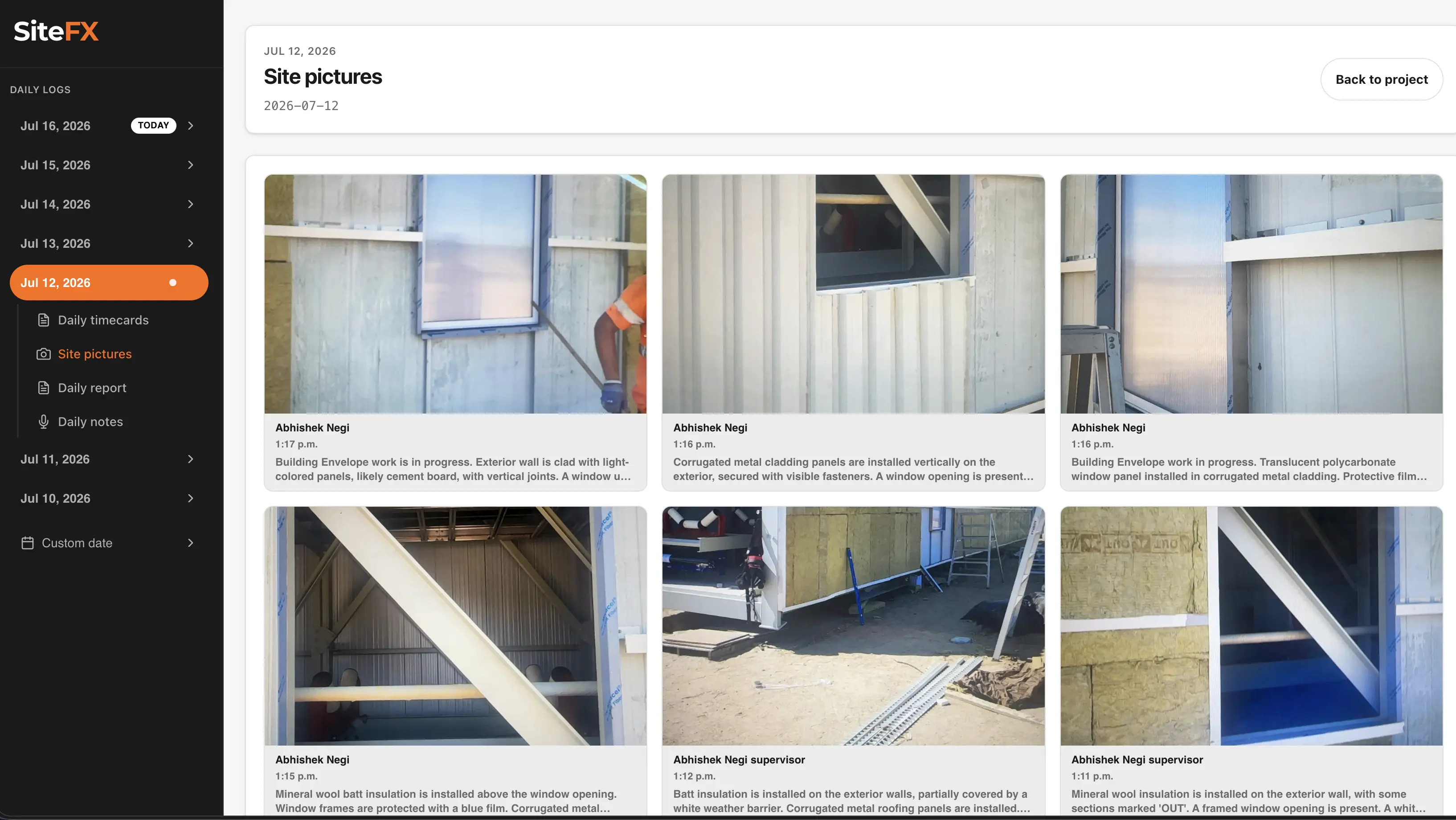 A grid of timestamped jobsite photos in the SiteFX app