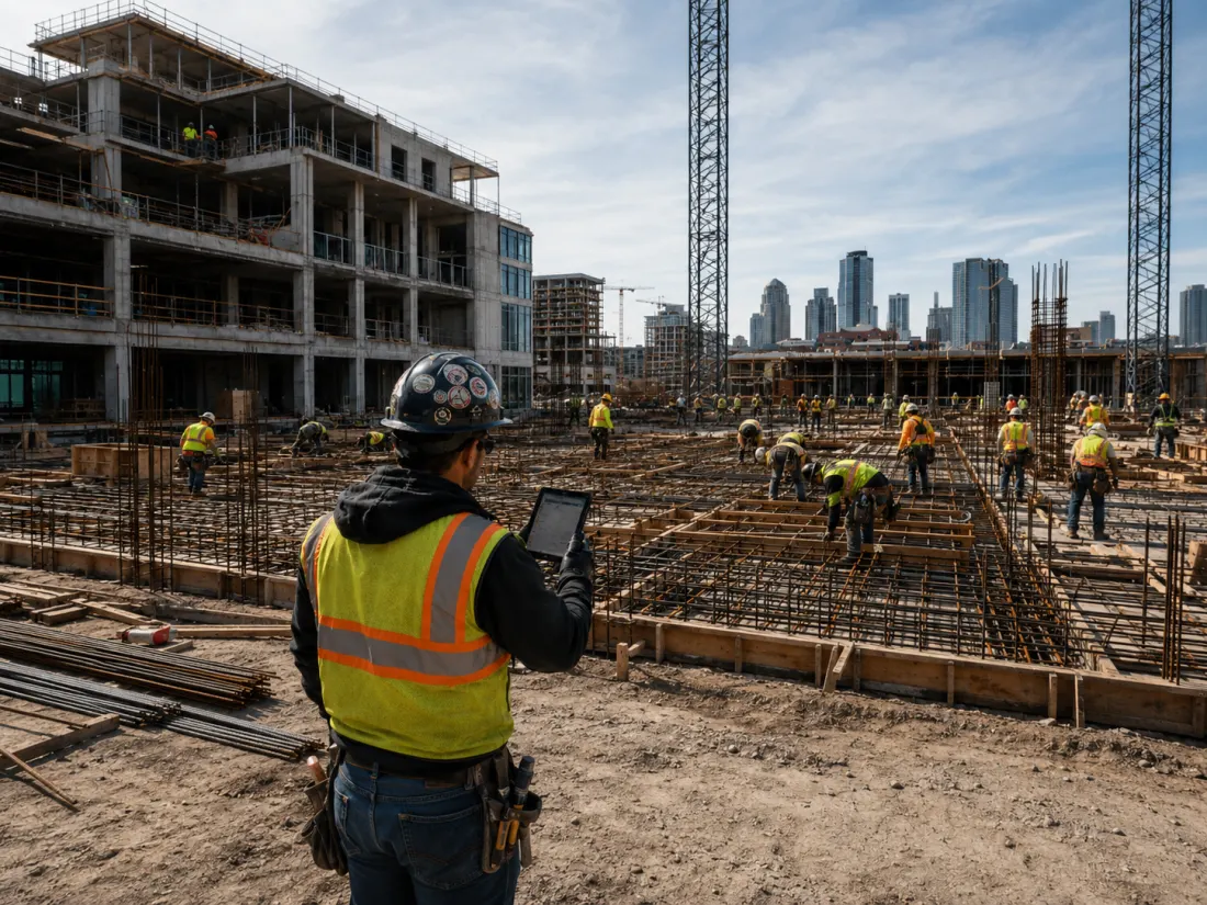 A supervisor reviewing a tablet while overlooking a large-scale construction site