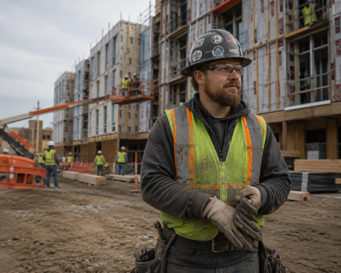 A construction worker standing confidently at a jobsite