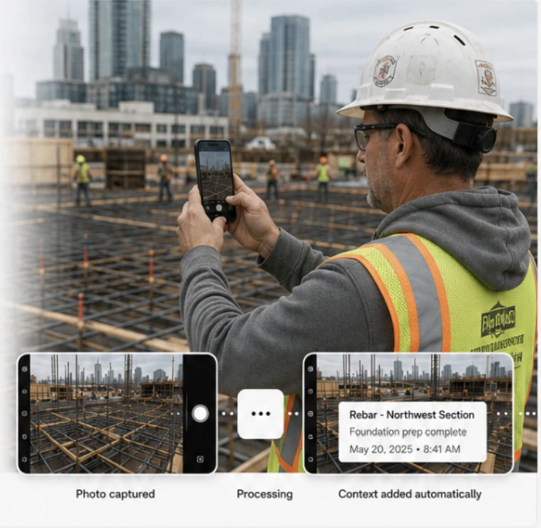 A photo being captured, processed, and tagged with job context automatically