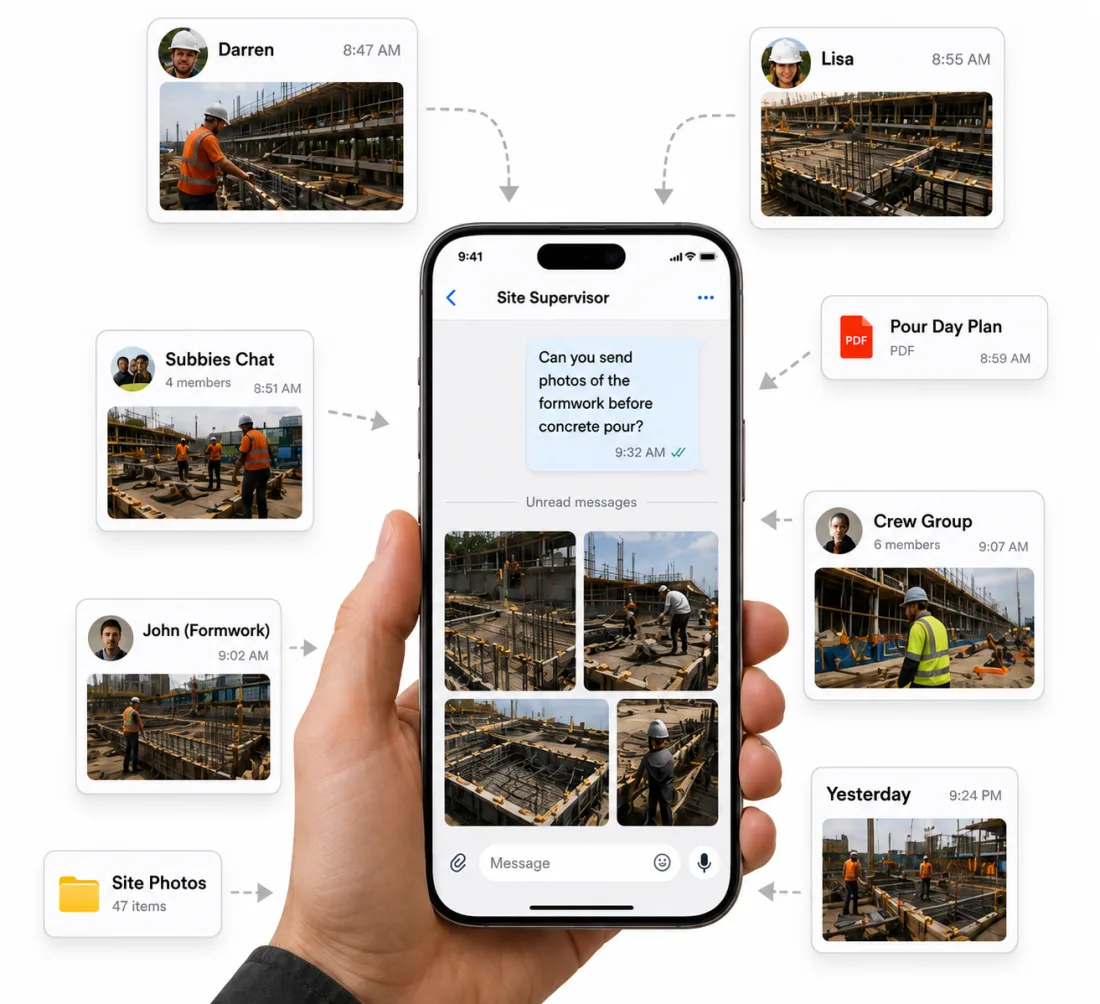 A phone showing scattered jobsite photos in a messages thread