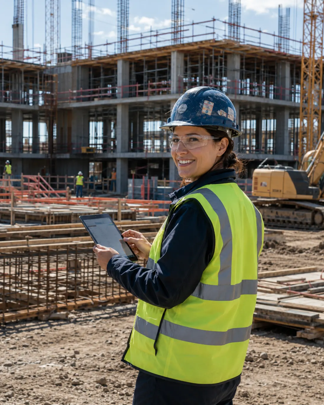 A field supervisor reviewing live jobsite data on a tablet at a construction site