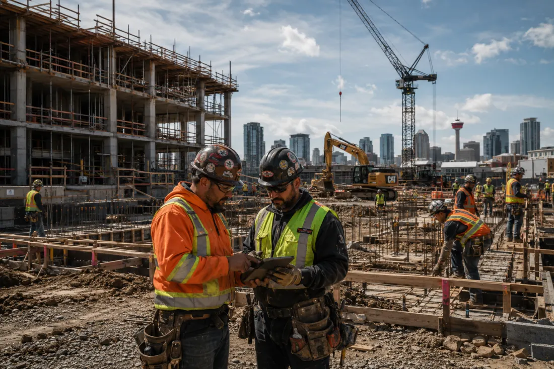 Two crew members reviewing a tablet together at a jobsite with the city skyline behind