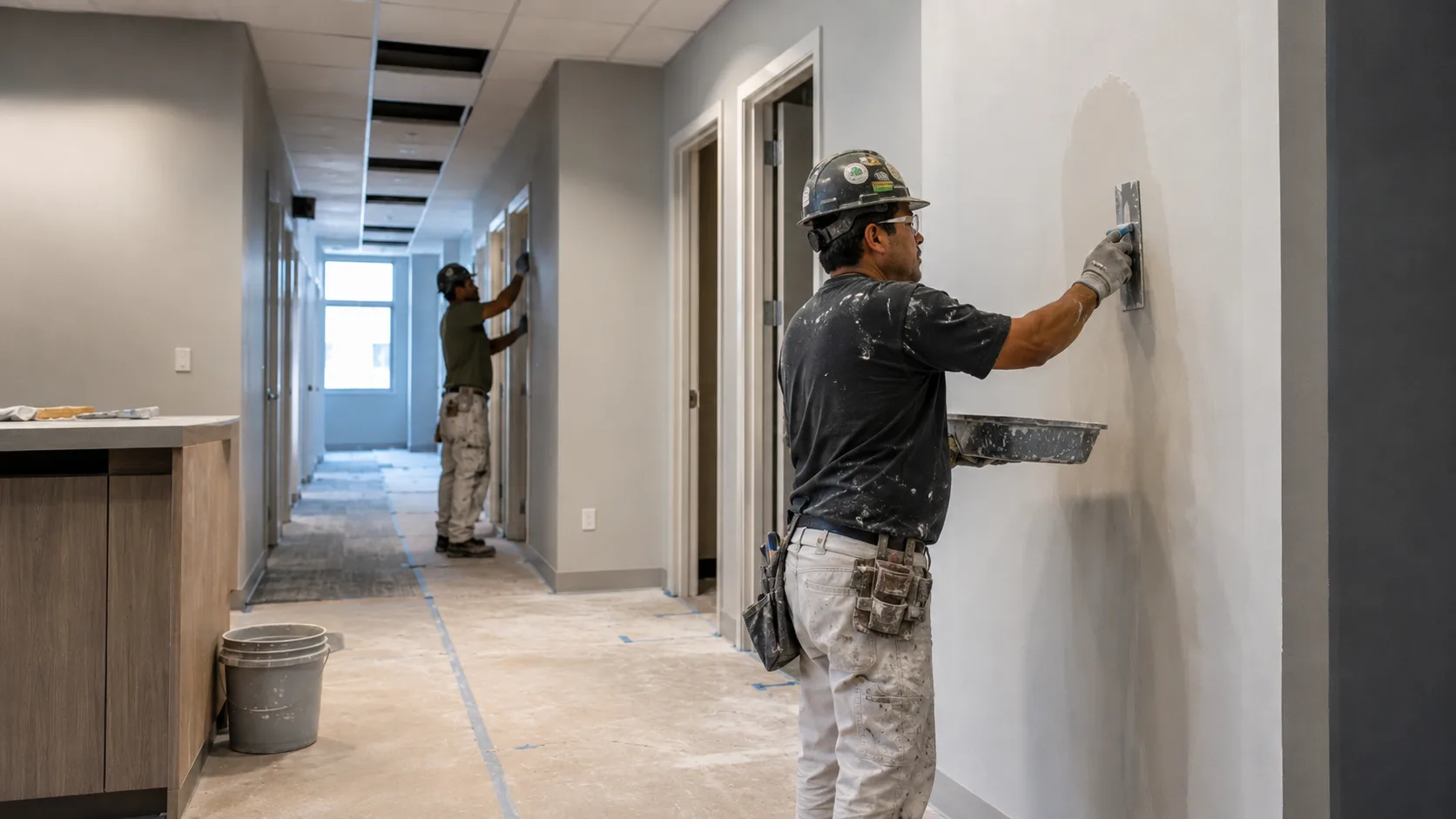 Workers finishing drywall in an interior office hallway under construction
