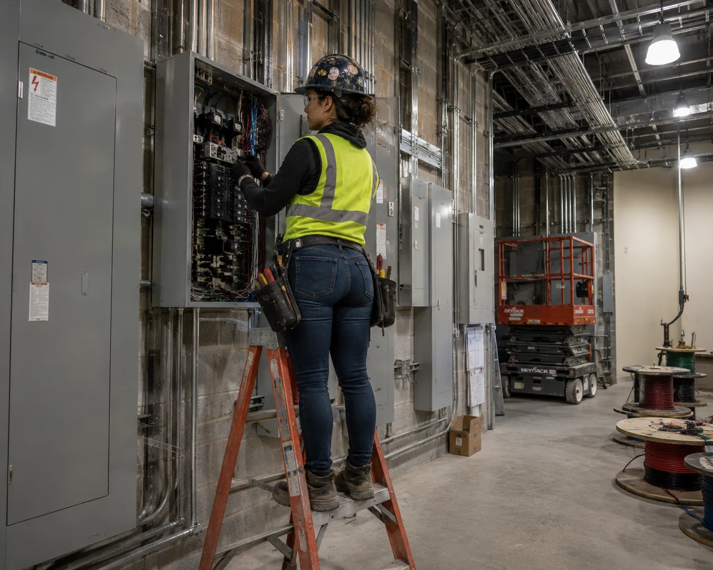 An electrician on a ladder wiring an open electrical panel in an unfinished commercial building