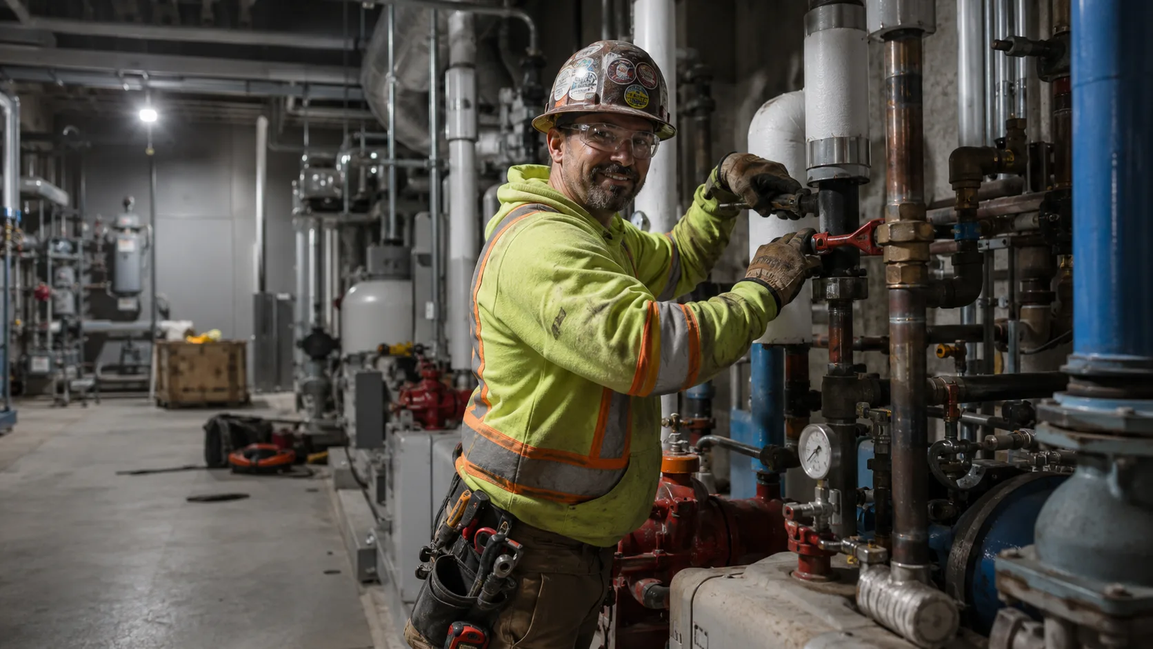 A technician among valve and pump equipment in an industrial mechanical room