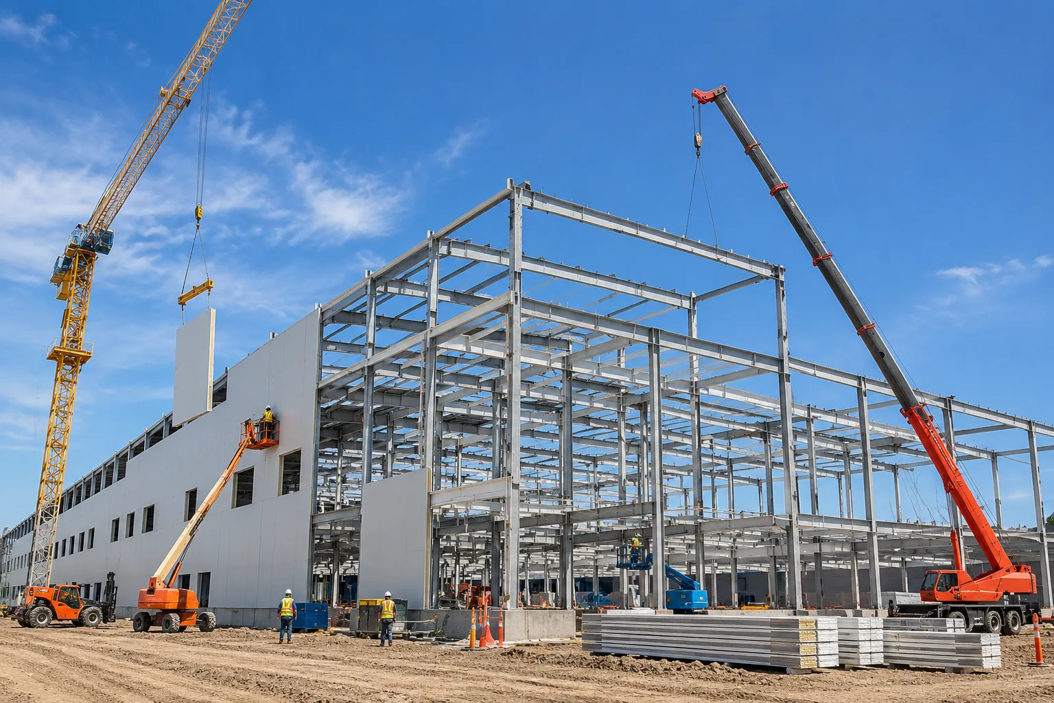 A steel-framed building under construction with tower and mobile cranes lifting wall panels
